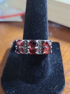 Sterling Silver Ring Featuring Red Garnet and Marcasite Stones